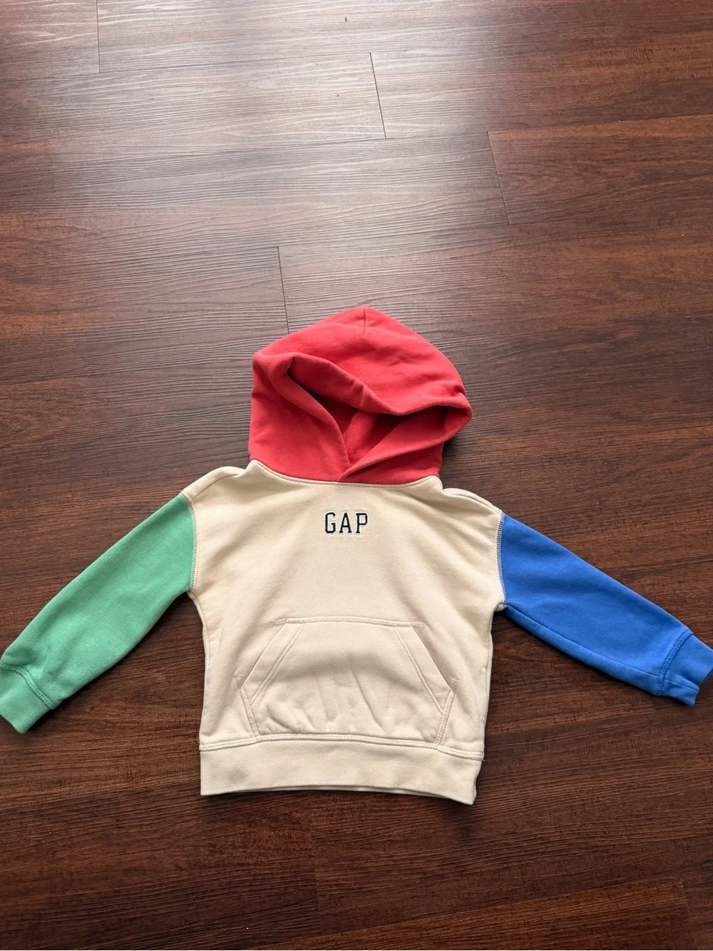 GAP Colorblock Hoodie in Cream with Red Hood, Green & Blue Sleeves